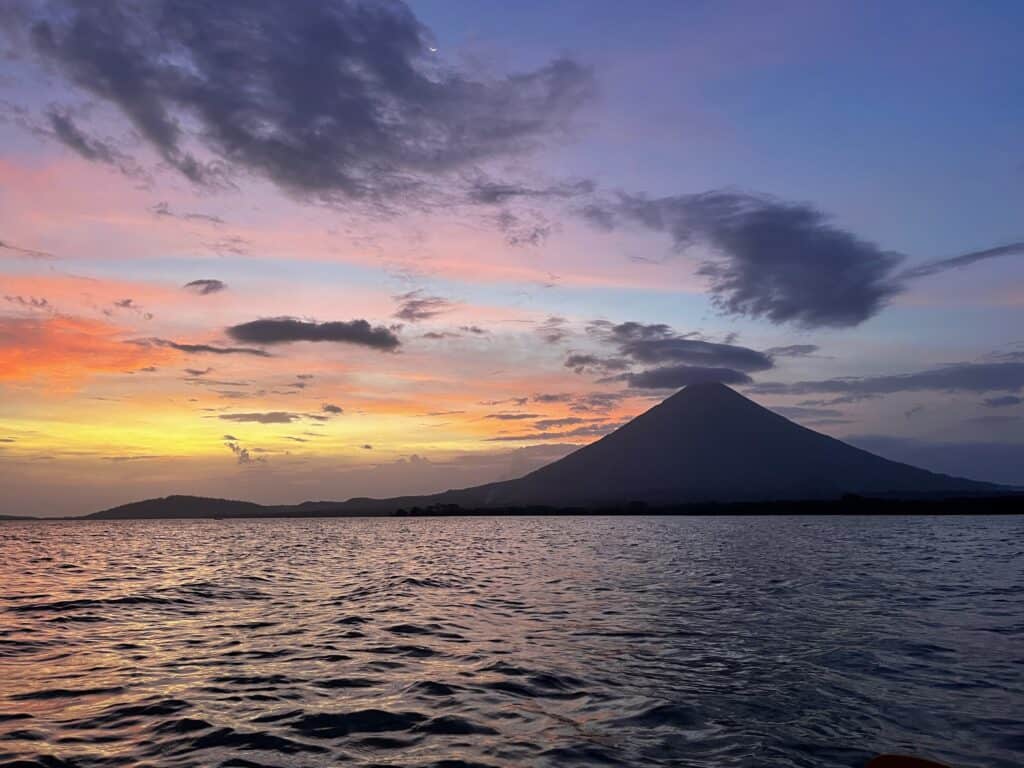 View of Volcano during sunset taken from the water.