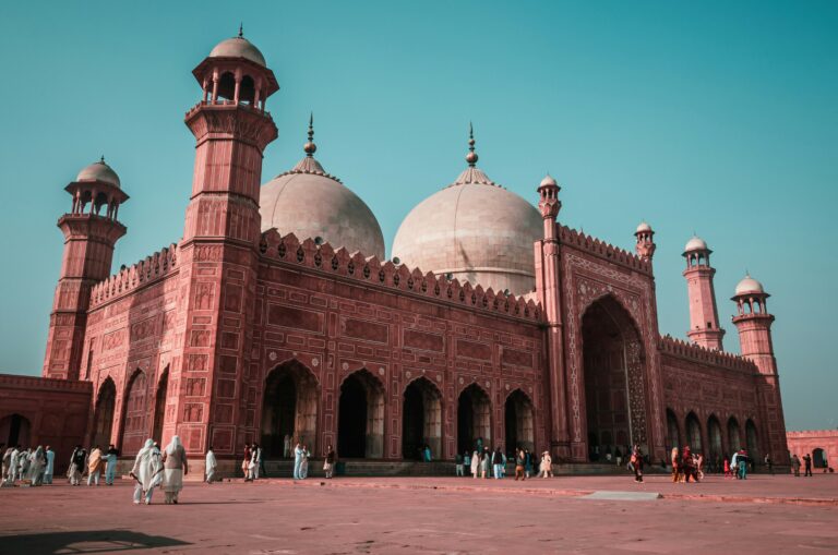 Badhshahi mosque, one of the most important historical place in pakistan, captured from a distance with clear blue skies