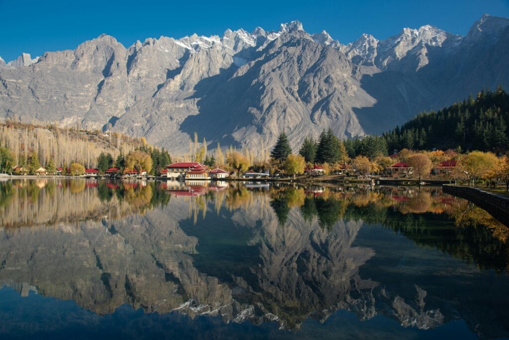 view of shrangri la resort from across lower kachura lake 