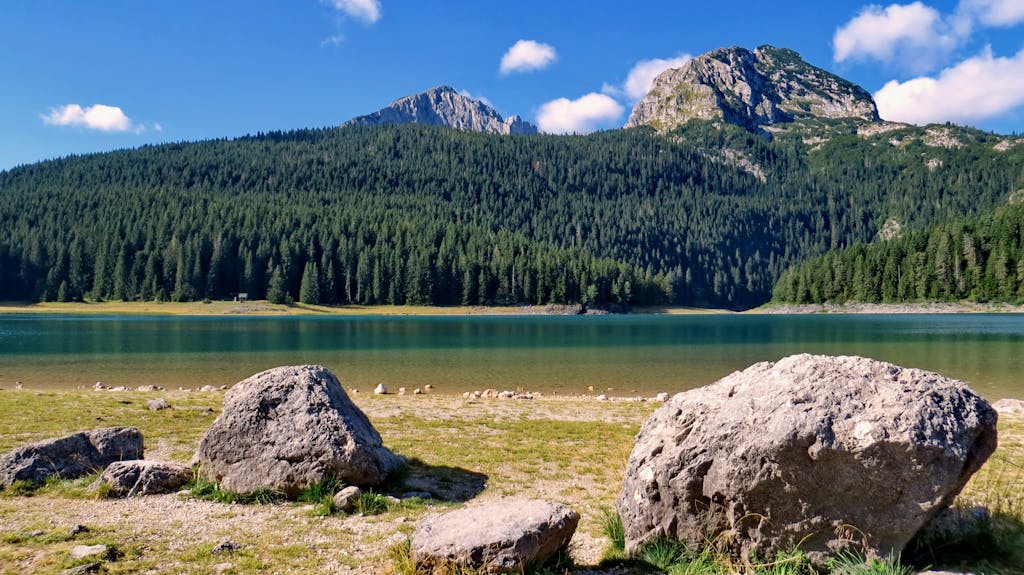 Beautiful mountain lake scene with conifer forest and rocks under a clear blue sky.