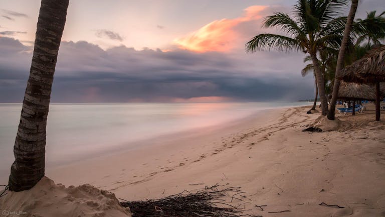 Tranquil beach scene in Punta Cana, Dominican Republic, with a vibrant sunset and palm trees.