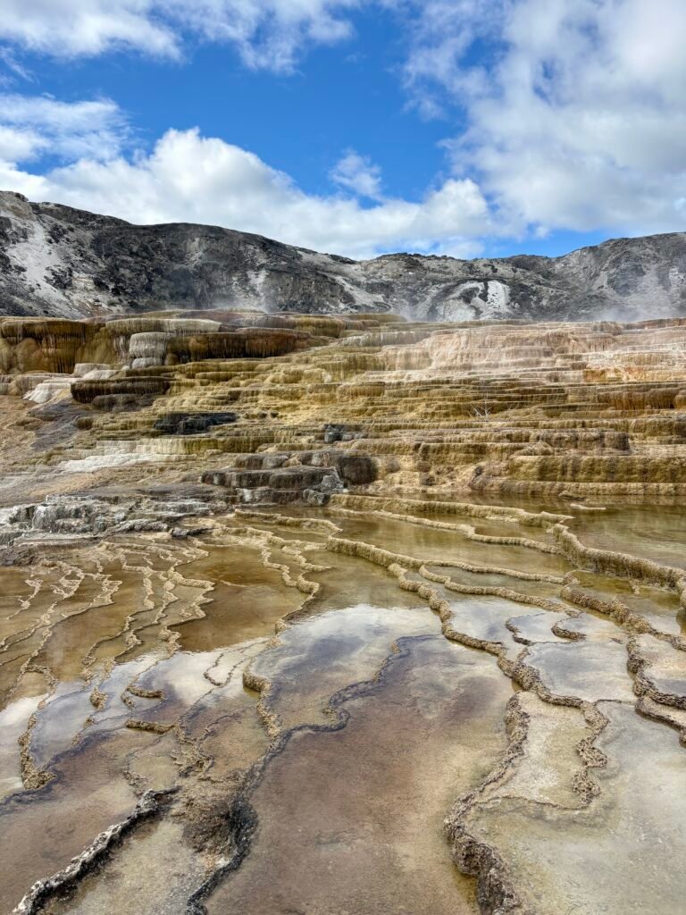 Layered limestone terraces at Mammoth Hot Springs with shallow pools reflecting the sky.