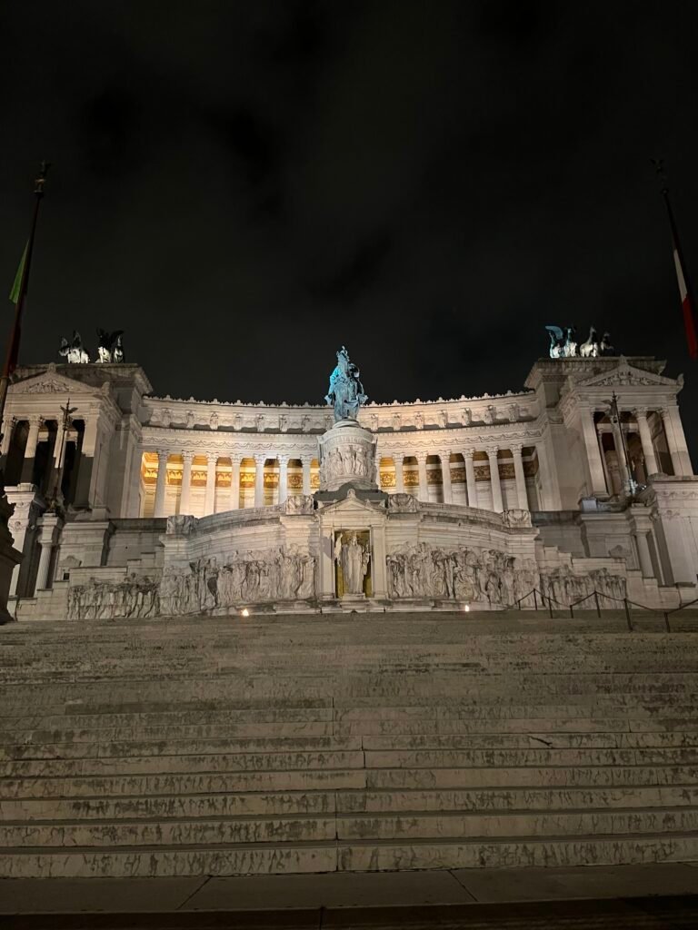 The Vittoriano on Piazza Venezia lit up at night, the hub between Rome's historic centre and the Colosseum.
